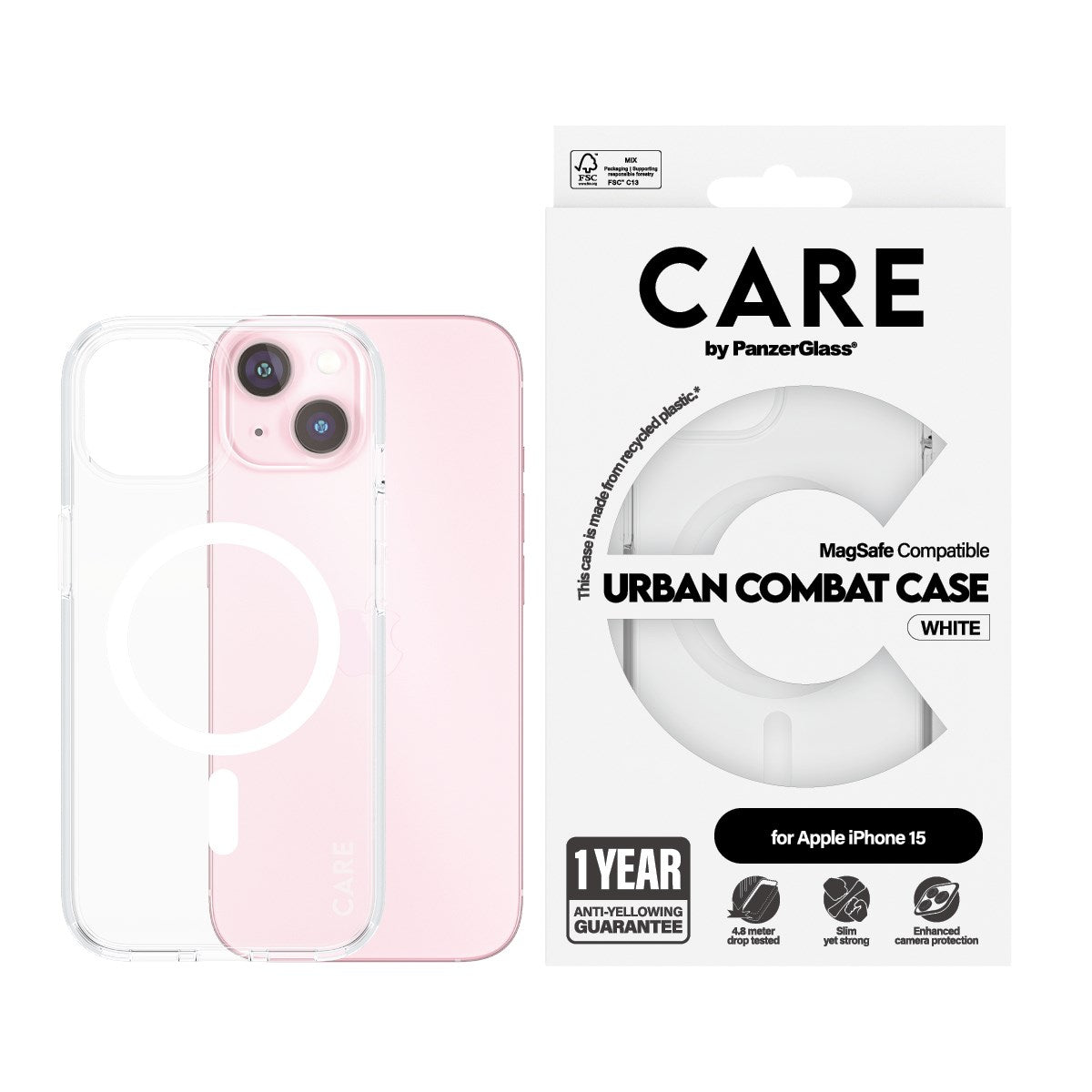 CARE by PanzerGlass® Flagship Case Transparent Urban Combat m. Weiß MagSafe iPhone 15